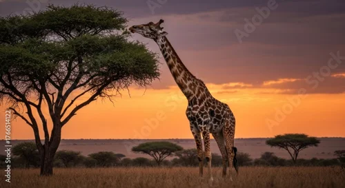 Fototapeta A giraffe reaches for leaves against an acacia and a vibrant, sunset-hued sky