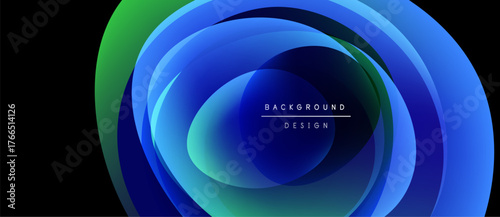 Abstract layers create vibrant circular design. Blue, green hues blend, forming dynamic visual effect. Text reads background design.