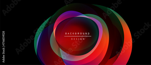 Abstract colorful layers create circular design. Text reads background design within central glow. Dark background emphasizes vibrant hues.