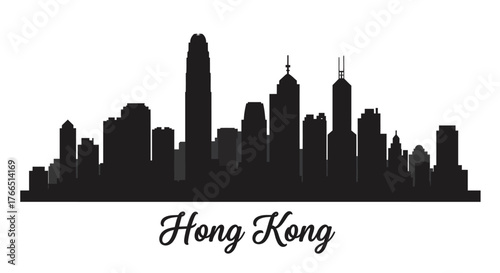 Silhouette of Hong Kong's urban skyline, showcasing iconic skyscrapers and buildings against a white background.