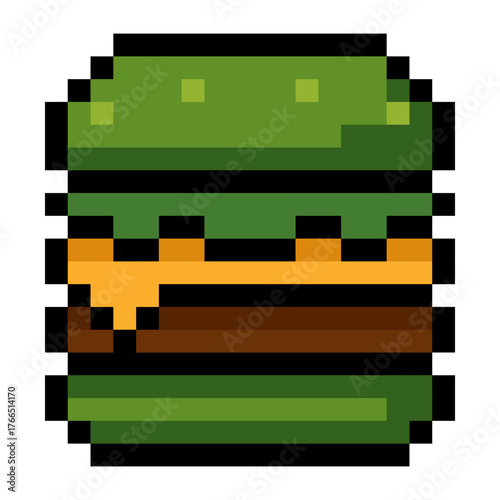 Pixel hamburger with green bun and cheese in 8 bit retro style. Perfect for game design, app icons, restaurant branding, fast food menus, digital stickers and web graphics. Fun and nostalgic design