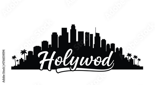 Hollywood City Skyline Silhouette with Palm Trees and Urban Landscape Black Vector Illustration