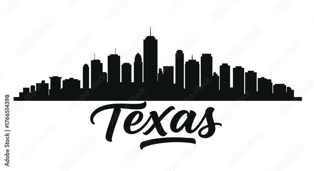 Fototapeta premium Texas City Skyline Silhouette Panoramic View with Modern Skyscrapers Black Vector Illustration