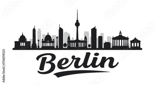 Berlin city skyline silhouette with famous landmarks and the word "Berlin" in a stylized font.