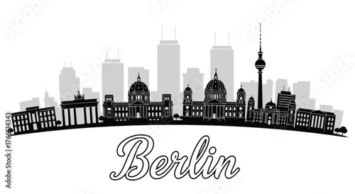 Berlin City Skyline Silhouette with Famous Landmarks in Gray and Black Vector Illustration