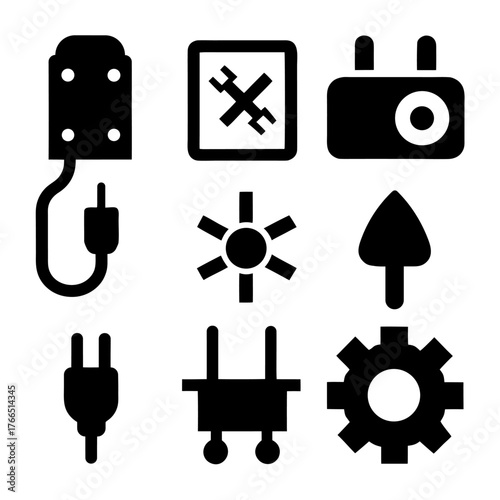 Plug, Switch, Fuse and Cable Icons on White Background.