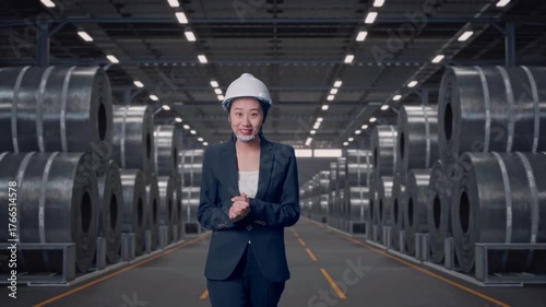 Wallpaper Mural Front View of Asian Businesswoman Walking and Speech in Warehouse of Metal Steel Coils Torontodigital.ca