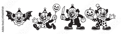 Spooky retro Halloween fun with cartoon clowns and creepy pumpkins for a vintage holiday vibe, perfect for nostalgic party decorations and seasonal celebrations