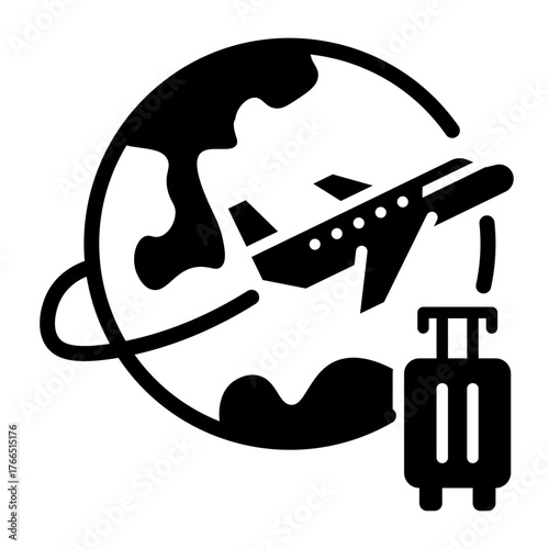 Airplane Flying Around Globe With Luggage Icon