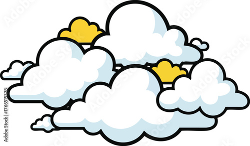 Pixel Art Cumulus Clouds with Hints of Yellow Sun on White Background