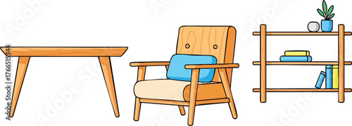 Pixel Art Furniture Set With Table Armchair And Bookshelf On White Background