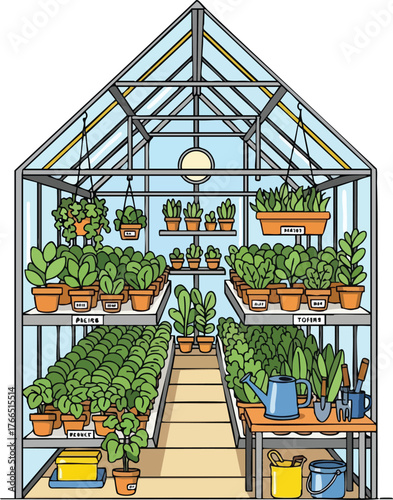 Pixel Art Greenhouse Full Of Potted Plants Under Natural Light And Gardening Tools