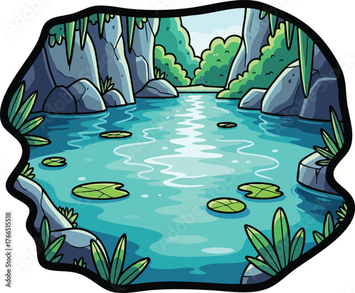 Pixel Art Grotto Pool with Lily Pads and Rocky Outcrops Under a Bright Sky