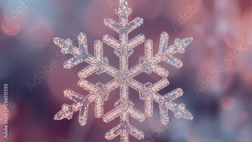 Sparkling crystal snowflake ornament shifting from blue to warm light in studio, festive bokeh
