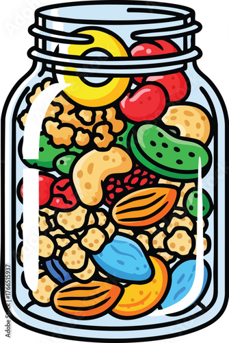 Pixel Art Mason Jar Filled With Colorful Cereal Nuts And Fruits A Healthy Breakfast Concept