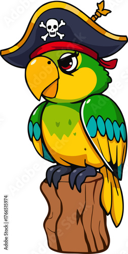 Pirate Parrot Mascot Vector – Green and Yellow Cartoon Parrot with Pirate Hat, Wooden Perch, and Red Bandana Illustration