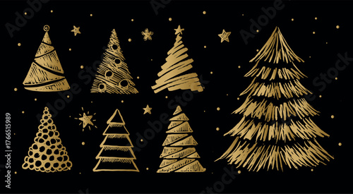 Christmas gold tree and gift on black hand drawn illustrations.	
