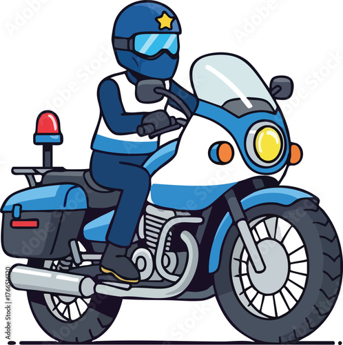 Pixel Art Police Officer Riding A Motorcycle With Blue And White Color Scheme And Flashing Lights