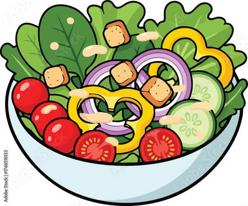 Pixel Art Salad Bowl with Tomatoes Cucumbers Bell Peppers Red Onions Croutons and Greens