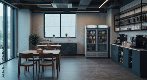 A modern office breakroom with tables, fridges, coffee machines, and shelving, natural light