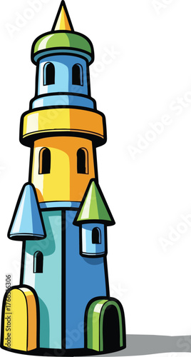 Pixel Art Stylized Tower With Blue Base Yellow Middle And Green Roof On White Background