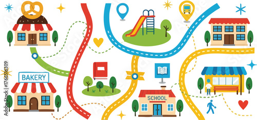 Pixel Art Town Map with Bakery School Playground Bus Stop and Homes Connected by Roads