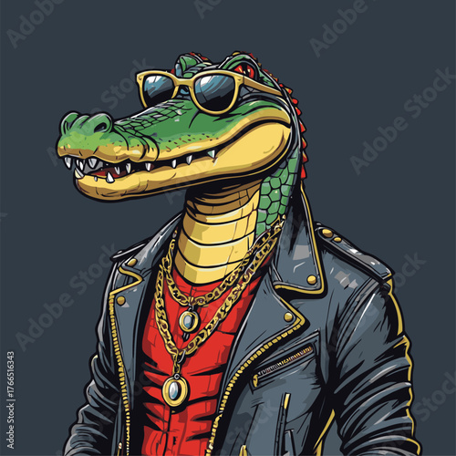 cute crocodile cartoon vector wearing a leather jacket