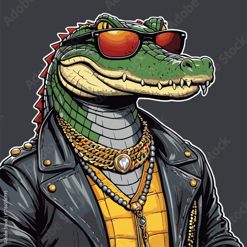 cute crocodile cartoon vector wearing a leather jacket