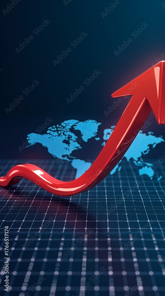 Fototapeta premium A glowing red upward arrow curves across a futuristic grid, symbolizing global growth and progress against a teal world map backdrop.