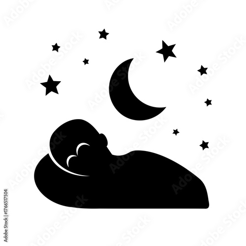 Black and white silhouette illustration of sleeping person under moon and stars