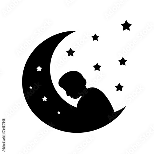 Silhouette of a person sleeping on a moon with stars around them