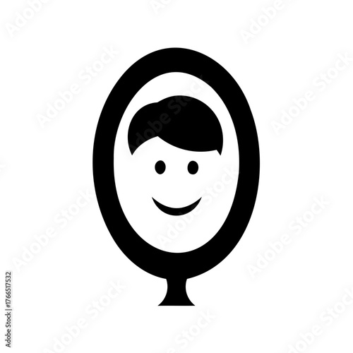 Simple black and white illustration of a child's face in mirror