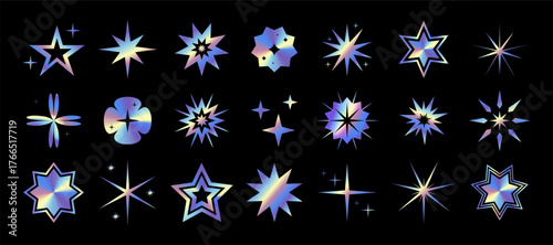 Star holographic icon. Gradient glow. Glossy geometric silver shape. Fluid chrome Y2K element. Chromatic figure. Foil stardust. Metallic twinkle. Cosmic cute design. Vector minimal garish symbols set