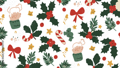 This charming pattern features hand-drawn holly berries, candy canes, bows, and cute holiday characters on a white background, perfect for seasonal designs. The whimsical style and festive elements