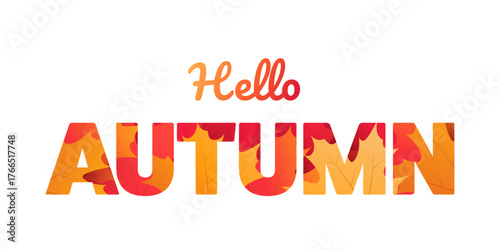 Hello Autumn text design with colorful autumn leaves, patterned letters. Seasonal vector typography, perfect for autumn greetings, posters, invitations, and decorative artwork.