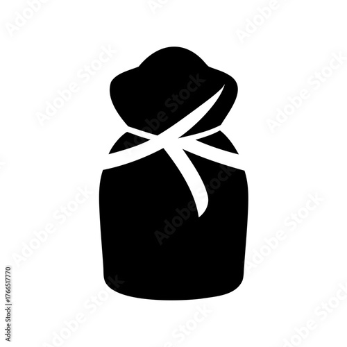 Black and white drawing of a tied sack with ribbon closing