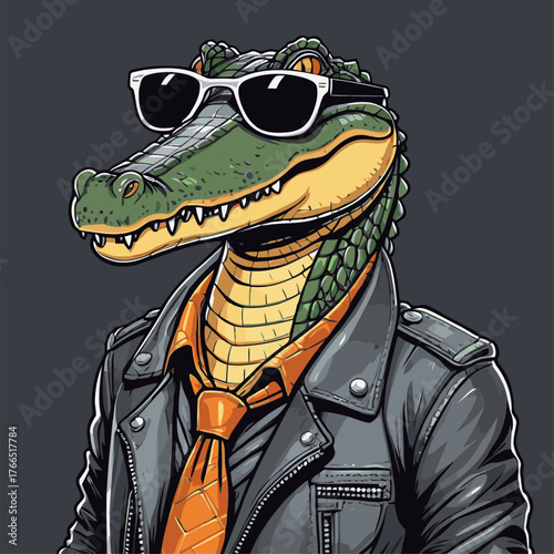 cute crocodile cartoon vector wearing a leather jacket