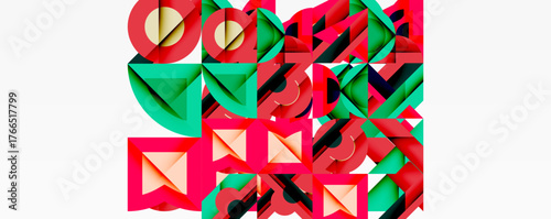 Abstract geometric composition. Red, green, black shapes overlap creating complex pattern. Minimalist design, modern aesthetic.