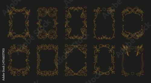Vintage frame. Birthday card, doodle invitation design collection. Retro ribbon, gold bow and leaves. Border golden outline. Element for postcard. Romantic ornament. Vector wedding event tidy set