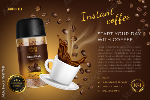 Brand coffee realistic banner. Instant drink promotion. Espresso splash. Arabica beans. Morning beverage packaging. Glass jar. Ceramic cup with caffeine liquid. Advertising poster. Vector ad product