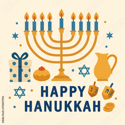 Happy Hanukkah wishes card with traditional Jewish symbols. Vector greetings illustration with a menorah for the Festival of Eight Candles or Festival of Lights 