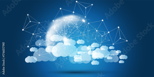 Dark Blue and White Cloud Computing Design Concept with Transparent Globe and Many Floating Clouds - Digital 3D Polygonal Network Connections, Technology Background, Minimalist Vector Design Template