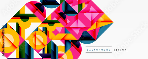 Abstract geometric shapes, vibrant colors, modern design. Composition features triangles, circles, squares, overlapping forms. Background suggests digital art creation.