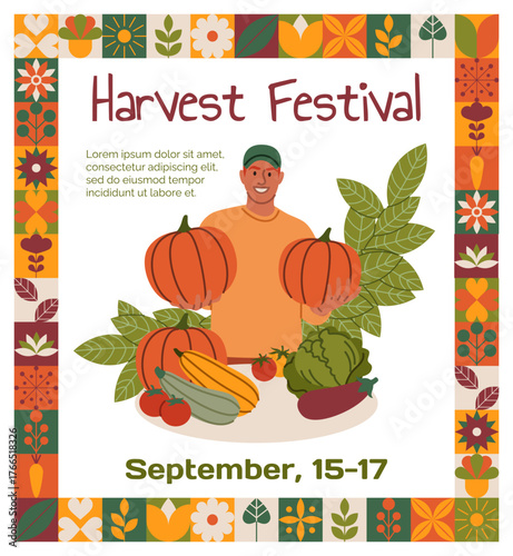 Man harvest. Happy boy hold pumpkin, natural plants. Local farm advertising poster, invitation banner or flyer. Gardener grows organic food. Vector cartoon flat style isolated agronomy illustration