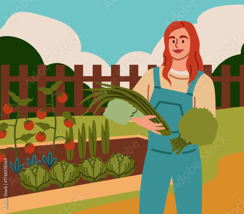 Woman on farm. Female gardener hold vegetables. Countryside landscape, grows organic local food, village autumn background. Agricultural character. Vector cartoon flat style isolated illustration