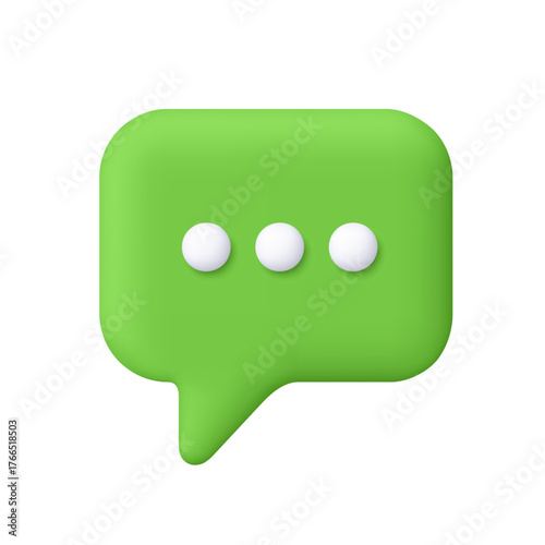 Green speech bubble with three white dots. Message, comment and chat. Social network, dialogue, conversation and communication concept. 3d vector icon. Cartoon minimal style.