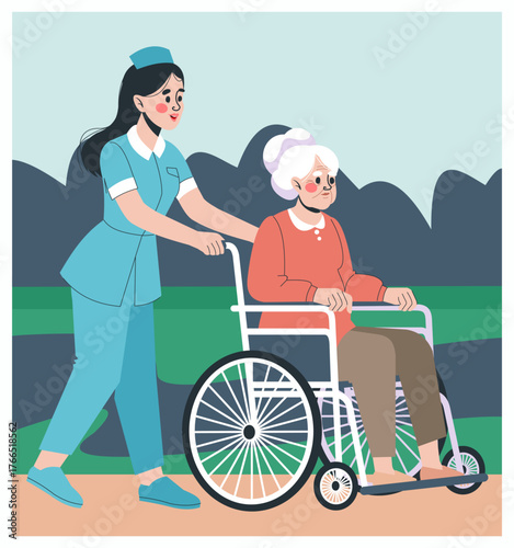 Old man in wheelchair. Nurse walking with grandparent. Doctor and senior patient in hospital. Elderly man medical treatment. Grandfather support and help. Vector cartoon flat isolated illustration