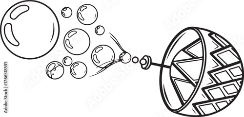 Soap Bubbles Blowing from a Toy in Black and White Playful Childhood Concept