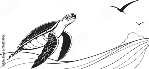 Sea Turtle's Journey A Tranquil Illustration of Marine Life, Sea, and Coastal Scenery