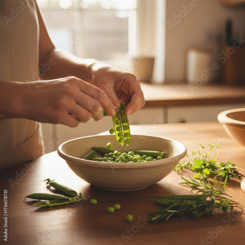 Hands Shelling Fresh Peas Into A Rustic Bowl On A Sunlit Wooden Countertop With Herbs Nearby